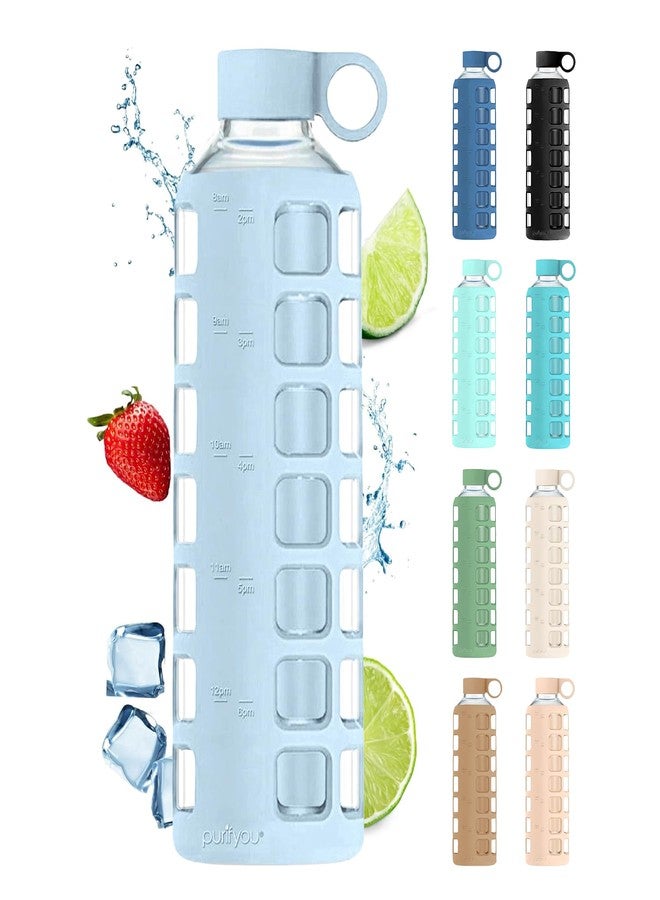 purifyou 40oz / 32oz / 22oz / 12oz Borosilicate Glass Water Bottle with Time & Volume Markers, Silicone Sleeve, Stainless Steel Lid | Reusable Glass Bottle for Water & Juice (40oz Ice Blue) - Image 1